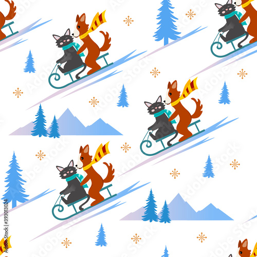 Christmas seamless pattern contains a cute cat and dog sledding down a mountain, around a fir tree and a mountain on a white background. Vector background is suitable for printing on any surface