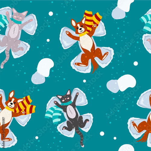 Happy Christmas seamless pattern on turquoise background. Corgi dogs and cats lie on the snow in a scarf and makes a snow angels.  Vector background for printing on any surface.