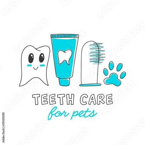 Vector logotype for animal dental services. Hand drawn icons - toothpaste, tooth, pet toothbrush and paw. Emblem with text, isolated on white background