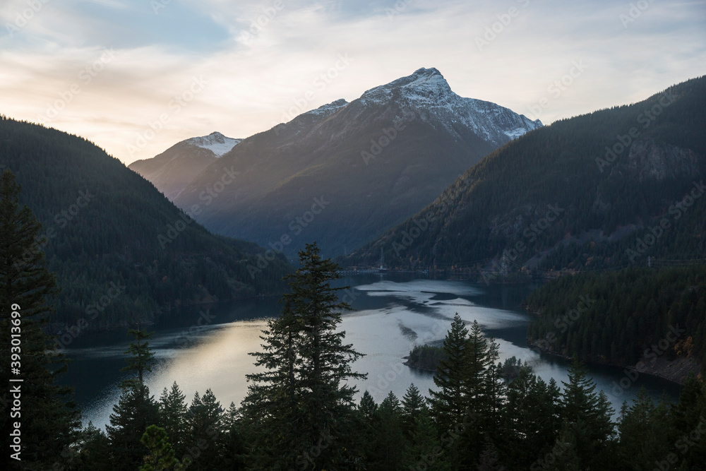 Beautiful landscape view of the sunset from Diablo Lake Overlook in North Cascades National Park (Washington).