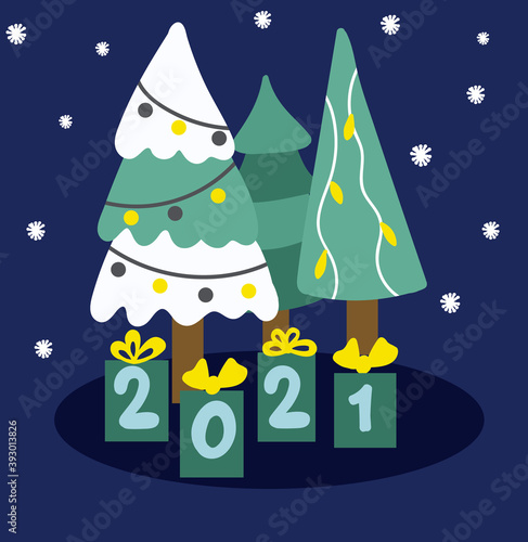Christmas new year festive trees and gifts. 2021 new year card