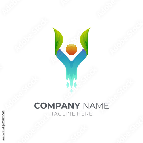 Human letter Y with leaf, modern 3d gradient green color logo template, healthy people logo