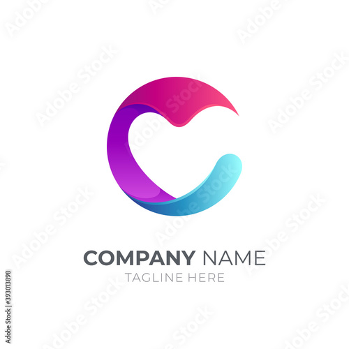 Initial letter C logo with love or heart shape in modern 3d gradient color logo style
