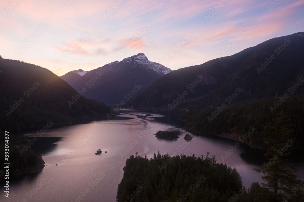 Beautiful landscape view of the sunset from Diablo Lake Overlook in North Cascades National Park (Washington).