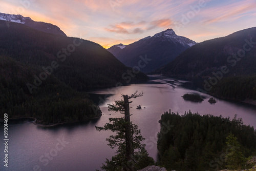 Beautiful landscape view of the sunset from Diablo Lake Overlook in North Cascades National Park  Washington .