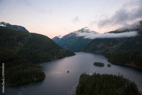 Beautiful landscape view of the sunrise shining on the mountains at Diablo Lake Overlook of North Cascades National Park in Washington state.