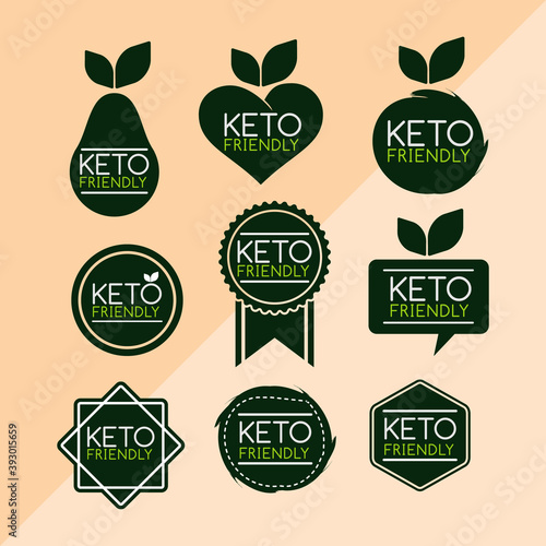 vintage ketogenic diet keto friendly food label vector icon set