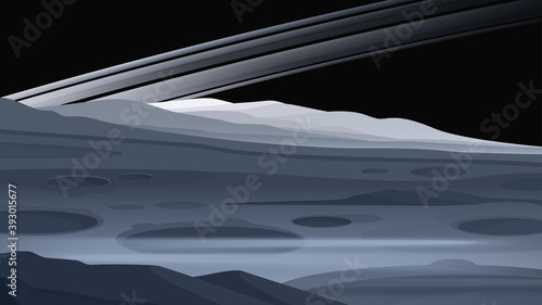 Alien planet landscape, vector space background. Fantasy planet surface with mountains and meteor impact craters.