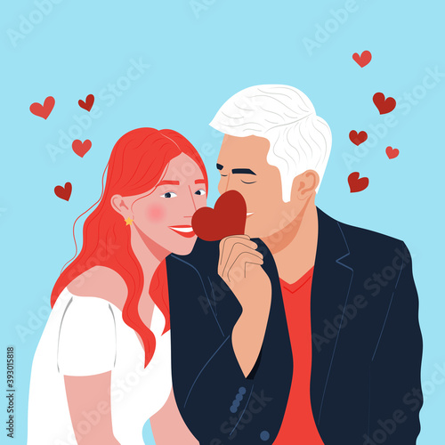 Happy Valentine's Day. Hand drawn about portrait of trendy young man and woman with red hearts. Happy adorable couple in love. Pair of romantic partners on date. Flat vector illustration