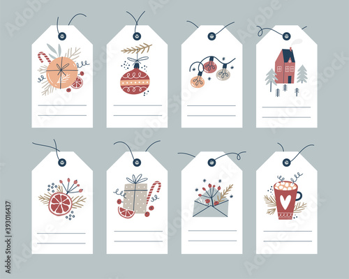 Christmas and New Year tags collection. Gift cards for winter holidays. Vector illustration