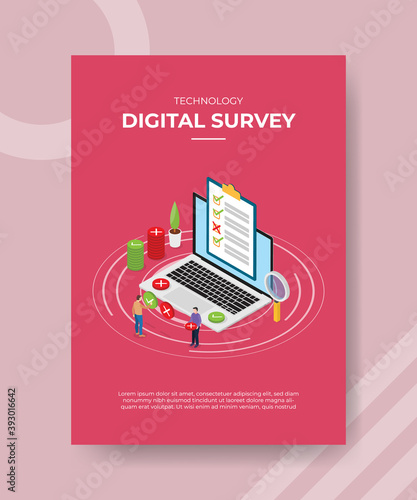 Digital survey people fill checklist on laptop for template of banner and flyer for printing magazine cover and poster with flat cartoon style