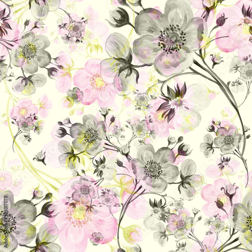  Seamless pattern watercolor gentle spring flowers with buds