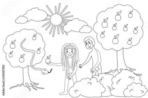 vector hand drawing illustration of biblical scene with adam and eve