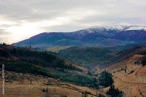 cold gloomy autumn morning in mountains. overcast sky above ridge with snow capped peaks. november scenery of carpathian rural area