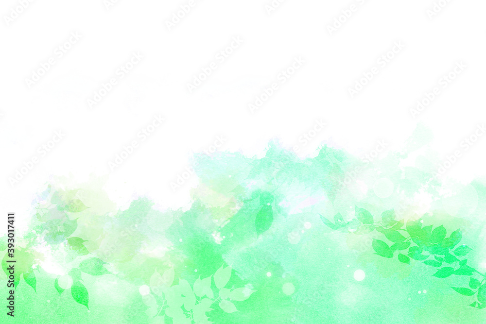 Fototapeta premium 新緑をイメージした葉のシルエット（背景は水彩タッチ） 