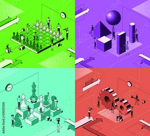 Trendy flat illustration set. Teamwork metaphor concept. Office workers planing business mechanism, analyze business strategy and exchange ideas. Template for design works. Vector graphics.