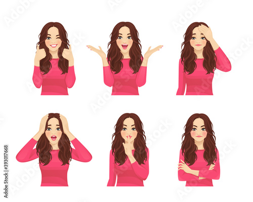 Set of young beautiful woman with long hair. Facial expression with various gestures isolated vector illustration