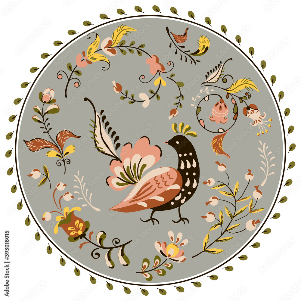round floral ornament with flowers and bird in russian folk art painting style. round floral ornament with flowers and bird in russian folk art painting style.