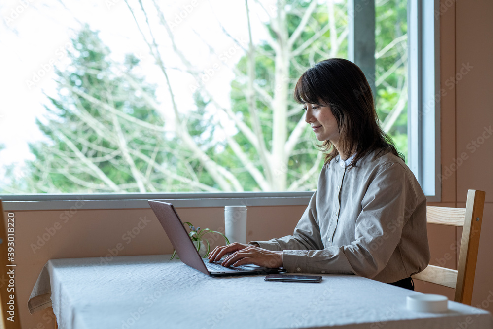 Woman Teleworking at Cafe in the Forest Woman Teleworking at Cafe in the Forest