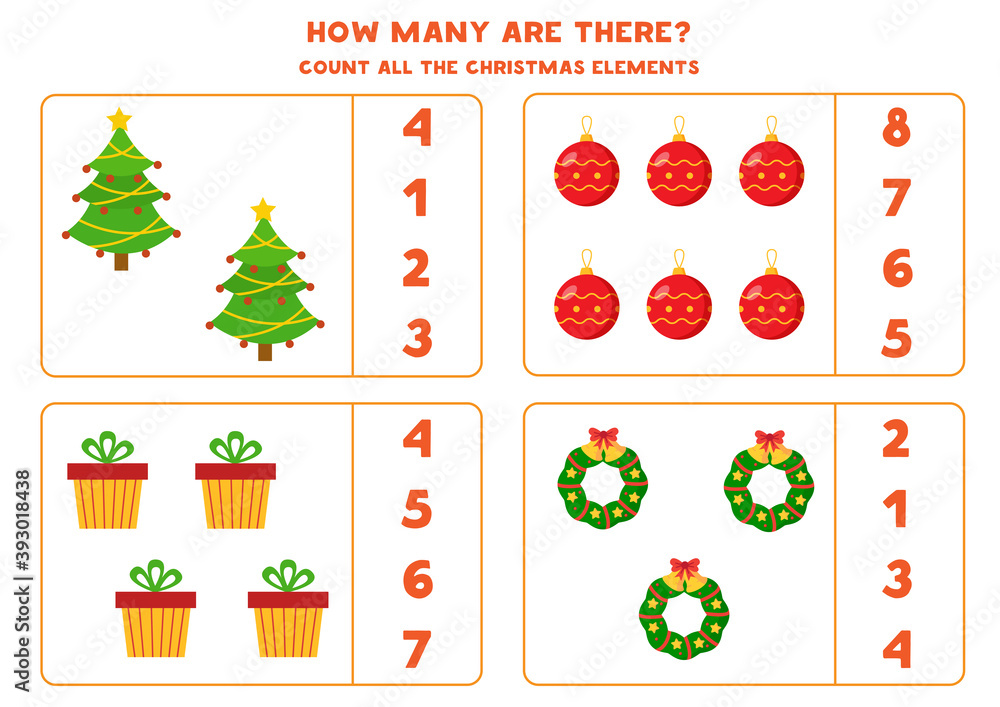Count all Christmas elements. Math game with Christmas tree, present, wreath and ball. Count all Christmas elements. Math game with Christmas tree, present, wreath and ball.