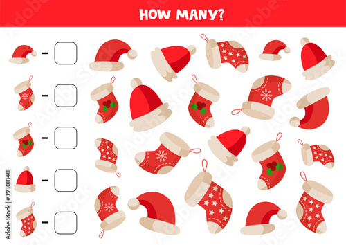 Count the amount of Christmas socks and hats. Educational math game for kids.