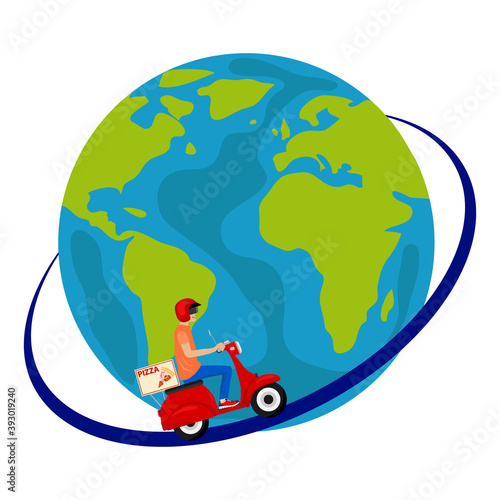 Pizza delivery. A man on a moped travels around the world delivering pizza. Vector illustration.