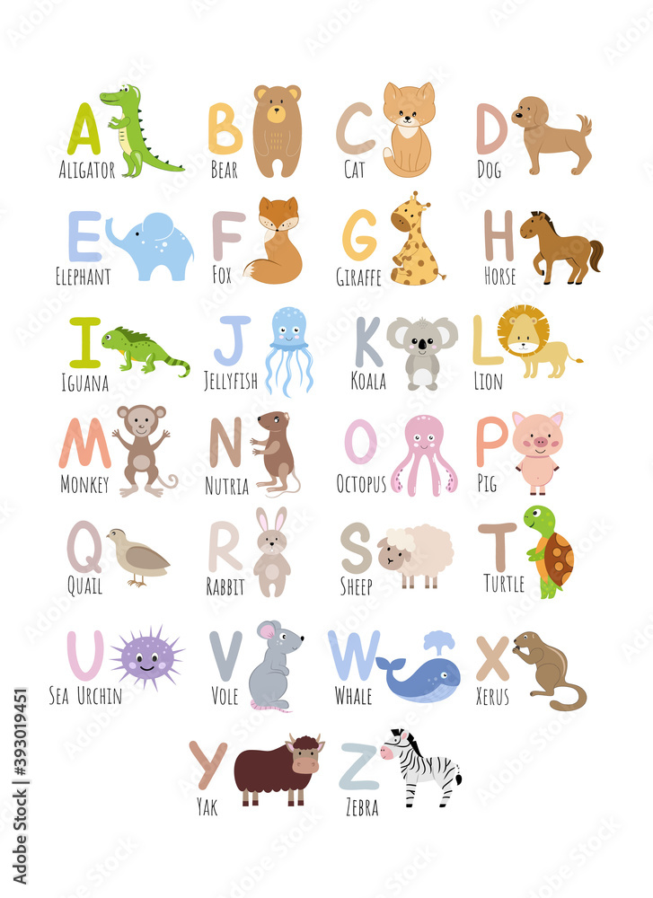 English alphabet for children with images of cute animals. Children's alphabet for learning letters. Vector of a cartoon character. Zoo and animals.