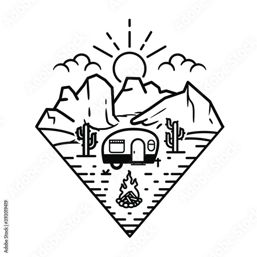 illustration of an camp, line art desert scenery, camping with mountain views, outdoor adventure trip camp in desert, line art style