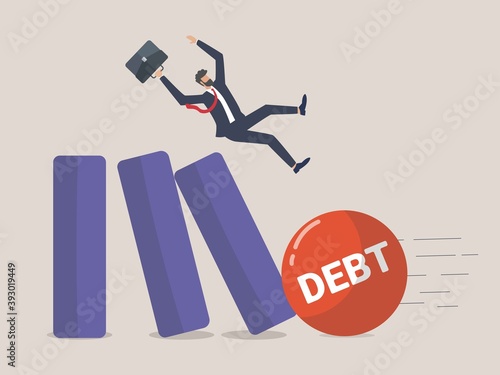 Entrepreneurs go into bankruptcy due to debt, The entrepreneur or businessman fell on the chart that was hit by a large ball with the word debt.