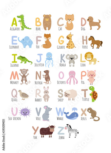 Fototapeta Naklejka Na Ścianę i Meble -  English alphabet for children with images of cute animals. Children's alphabet for learning letters. Vector of a cartoon character. Zoo and animals.
