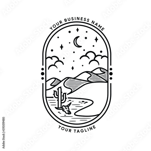 illustration of a desert, line art desert landscapes, cacti and dunes, outdoor adventure journey in whale line style