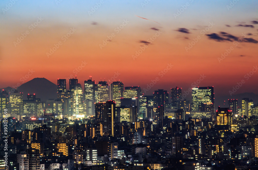 東京　新宿高層ビル群　夜景　富士山　シルエット　夕焼け