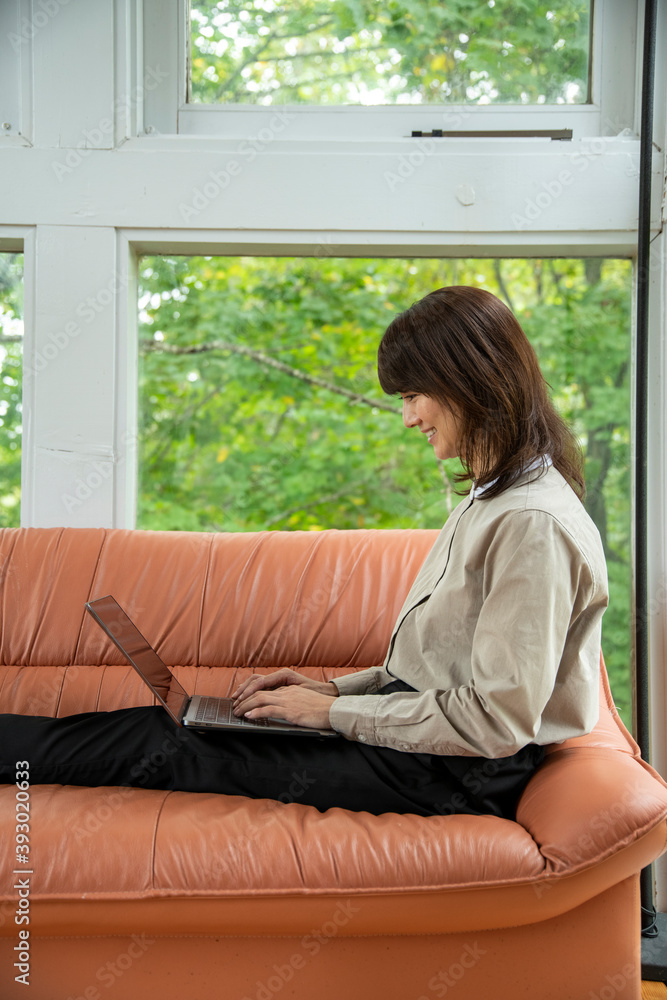 Woman Teleworking at Cafe in the Forest Woman Teleworking at Cafe in the Forest