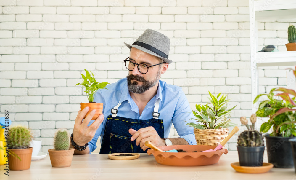 An elderly man handsome have mustache wearing glasses is happy with tree care and decoration. It is a hobby of home gardening, living happily after retirement An elderly man handsome have mustache wearing glasses is happy with tree care and decoration. It is a hobby of home gardening, living happily after retirement