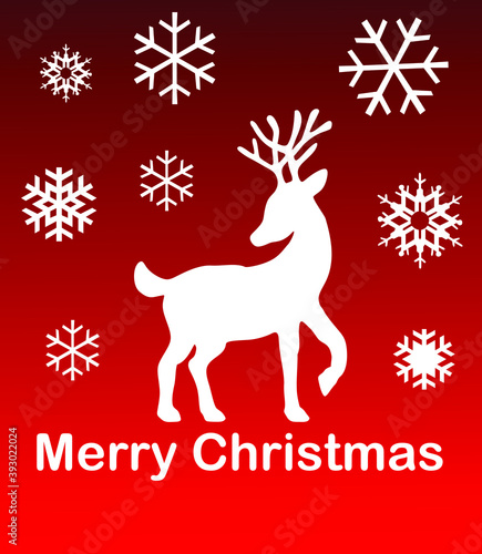 Christmas card with deer.Red New Years Background with white Reindeer Deer vector silhouette and snowflakes. Merry Christmas gift card .Snow. Winter decoration.Happy holidays.