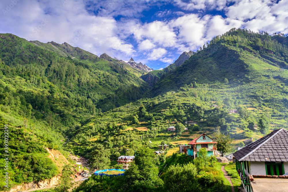 View of Tosh village in the foothills of Parvati valley, Himachal Pradesh, India
