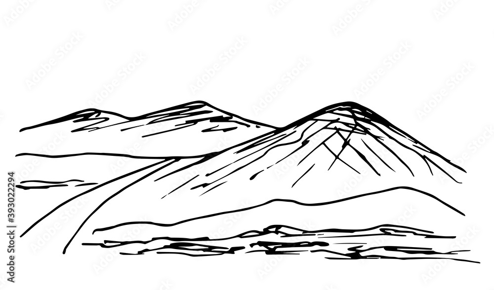 Simple hand-drawn vector drawing in black outline. Mountain landscape, road, hilly area, wilderness. Nature, rocks. For prints, postcards, labels. Simple hand-drawn vector drawing in black outline. Mountain landscape, road, hilly area, wilderness. Nature, rocks. For prints, postcards, labels.