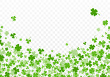 Shamrock or clover leaves flat design green backdrop pattern vector illustration isolated on transparent background. St Patricks Day shamrock symbols decorative elements.