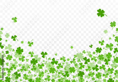 Shamrock or clover leaves flat design green backdrop pattern vector illustration isolated on transparent background. St Patricks Day shamrock symbols decorative elements.