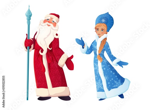 Russian Santa Claus with Snow Maiden. Ded Moroz and Snegurochka. Russian text Happy New Year. Cartoon vector illustration.