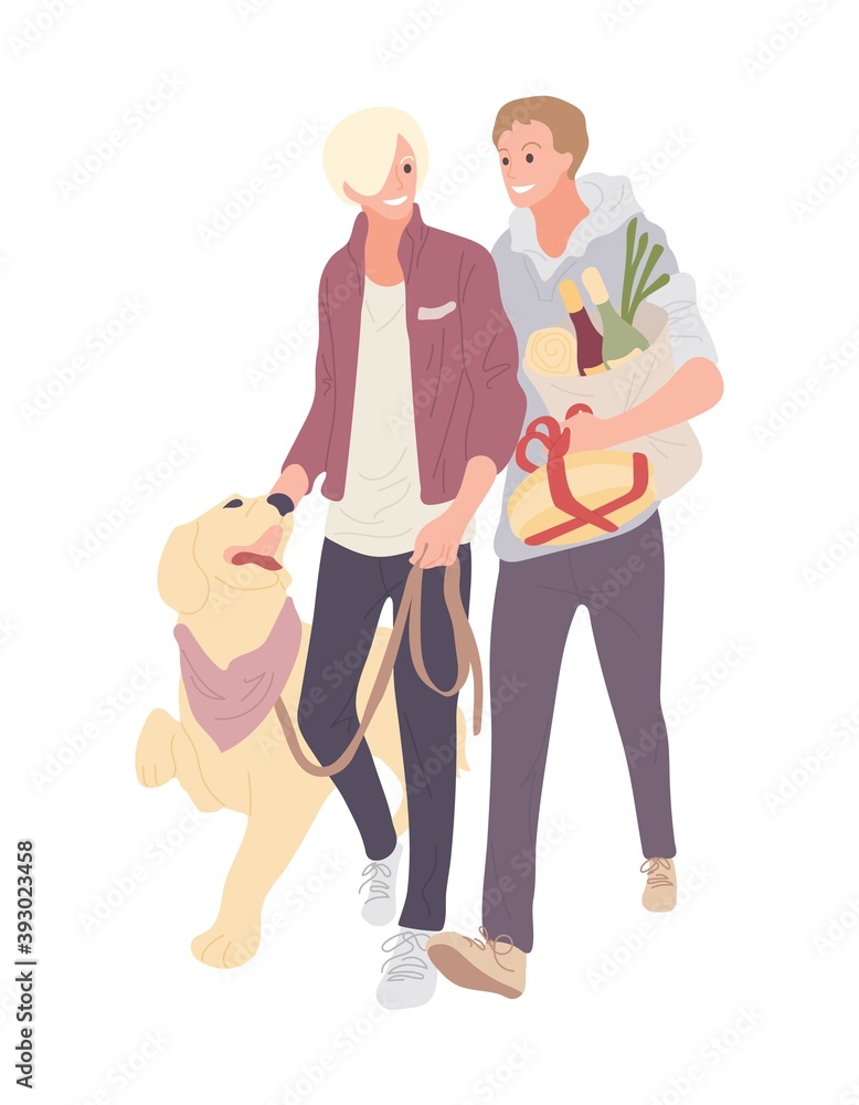 Obraz premium Happy homosexual male couple. Two men walk the dog, spend time together in love. Trip to store for gift and food. Enamored pet owners enjoy a shopping trip over isolated. Vector stock illustration.