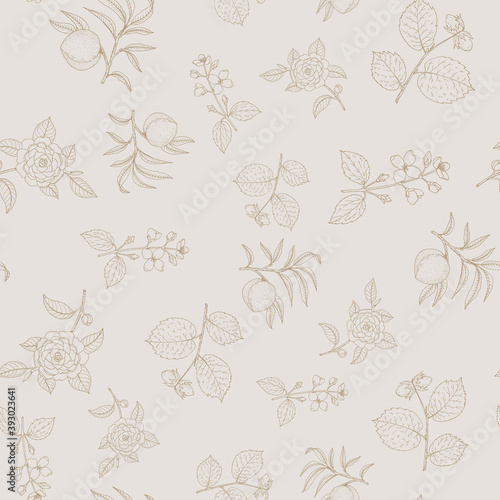 Seamless pattern with hazelnut, peach, japanese camellia and Lewis mock-orange photo