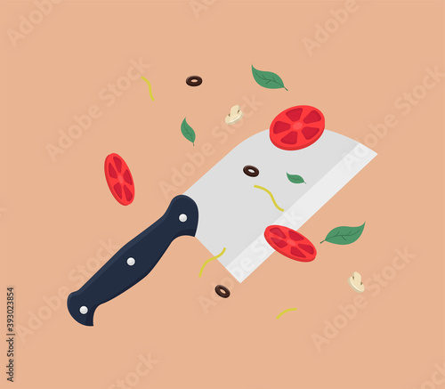 Kitchen knife with food flat vector illustration