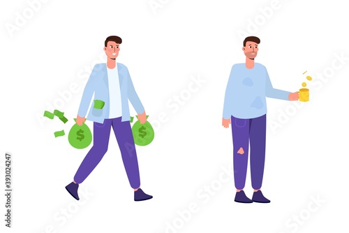 Rich and poor man.  Wealth and poverty concept. Vector illustration in cartoon style.