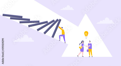 Domino effect or business resilience metaphor vector illustration. Adult young man pushing falling domino line and business people shaking hands concept of problem solving.