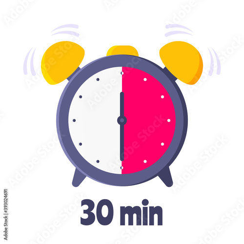 Thirty minutes on analog clock face flat style design vector illustration icon sign isolated on white background. Analogue wall clock 30 minutes time management business concept.