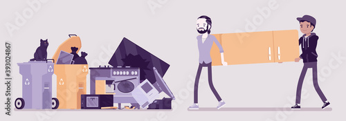 Home appliances recycling, collecting used trashed equipment. Young men carrying old broken refrigerator to through into a pile of damaged home devices. Vector flat style cartoon illustration