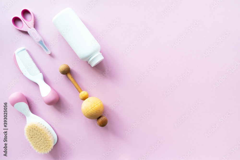 Baby care kit on pink background, top view, copyspace. Concept of children's hygiene. Flat composition with children's accessories, background. Baby care kit on pink background, top view, copyspace. Concept of children's hygiene. Flat composition with children's accessories, background.