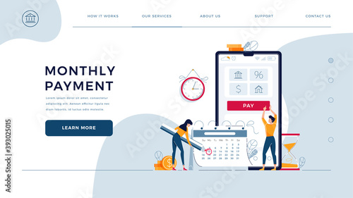 Monthly payment homepage template. Man pays regular fees online, woman makes notice in calendar. Keep up with monthly payments concept for web design. People in flat cartoon style, vector illustration