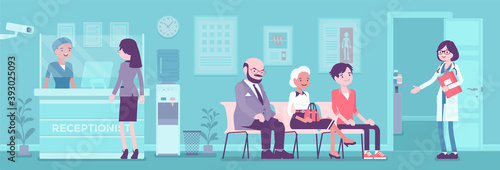 Hospital reception good work in clinic hall to help, assist patients. Doctor or physician office, health facility to provide high quality healthcare service. Vector flat style cartoon illustration